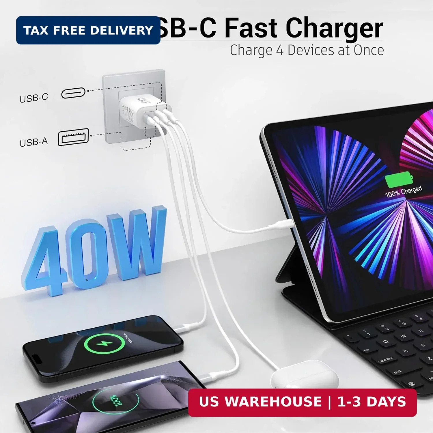TT&C USB C Charger Block, 40W 4 Ports Wall Charger for iPhone 17,16,15,14 | Mult