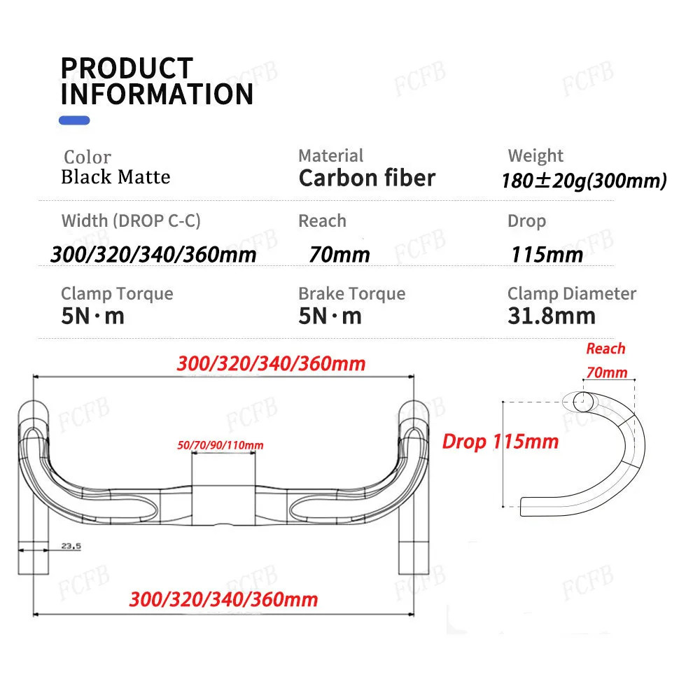 Carbon Road Bike Handlebar 300/320/340/360/380/400/420/440mm Internal Routing