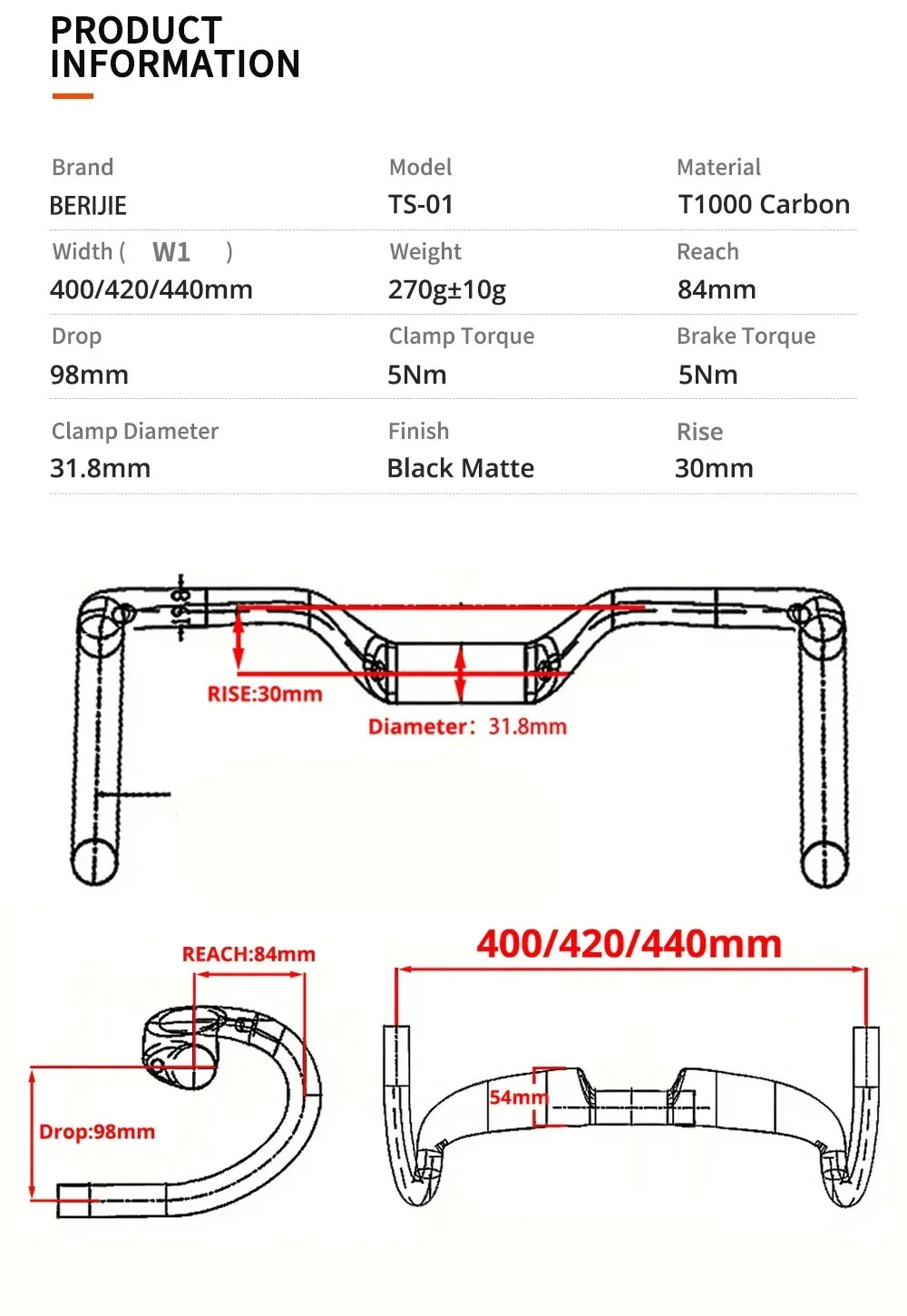 Full Carbon Gravel Bike Integrated Handlebar 30mm Rise 400mm 420mm 440mm Width