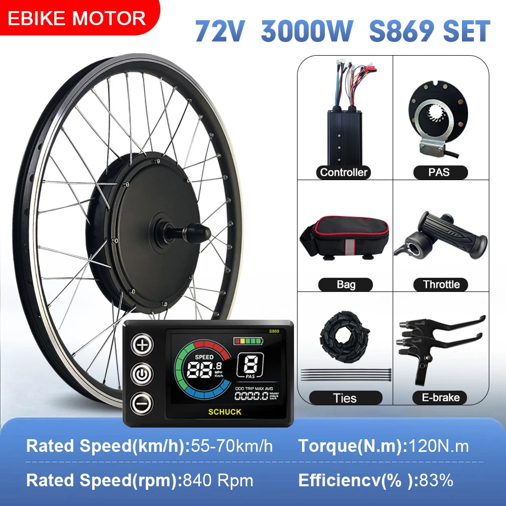 E-bike Conversion Kit 72V 3000W Brushless Rear Wheel Hub Motor Dropout 135mm
