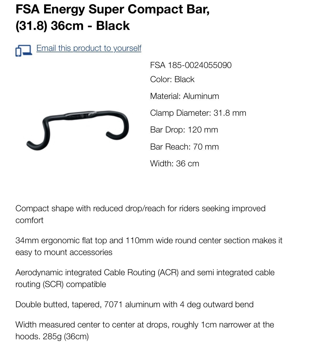 FSA Energy Super Compact Handlebar 31.8mm Clamp Diameter, 360mm Width