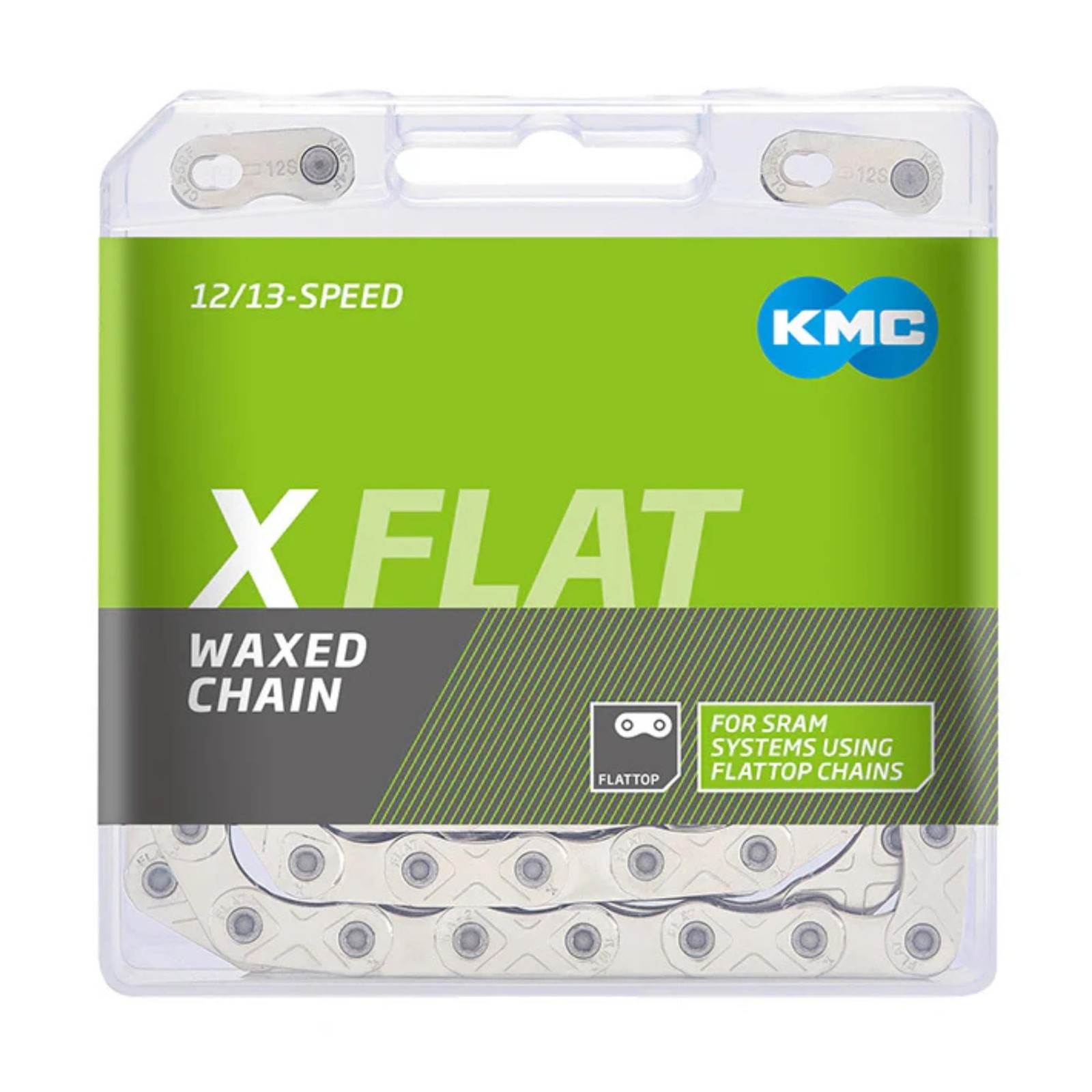 KMC XFLAT Flat-Top Bicycle Chain 12-Speed, Pre-Waxed, fits SRAM AXS 12/13-Speed