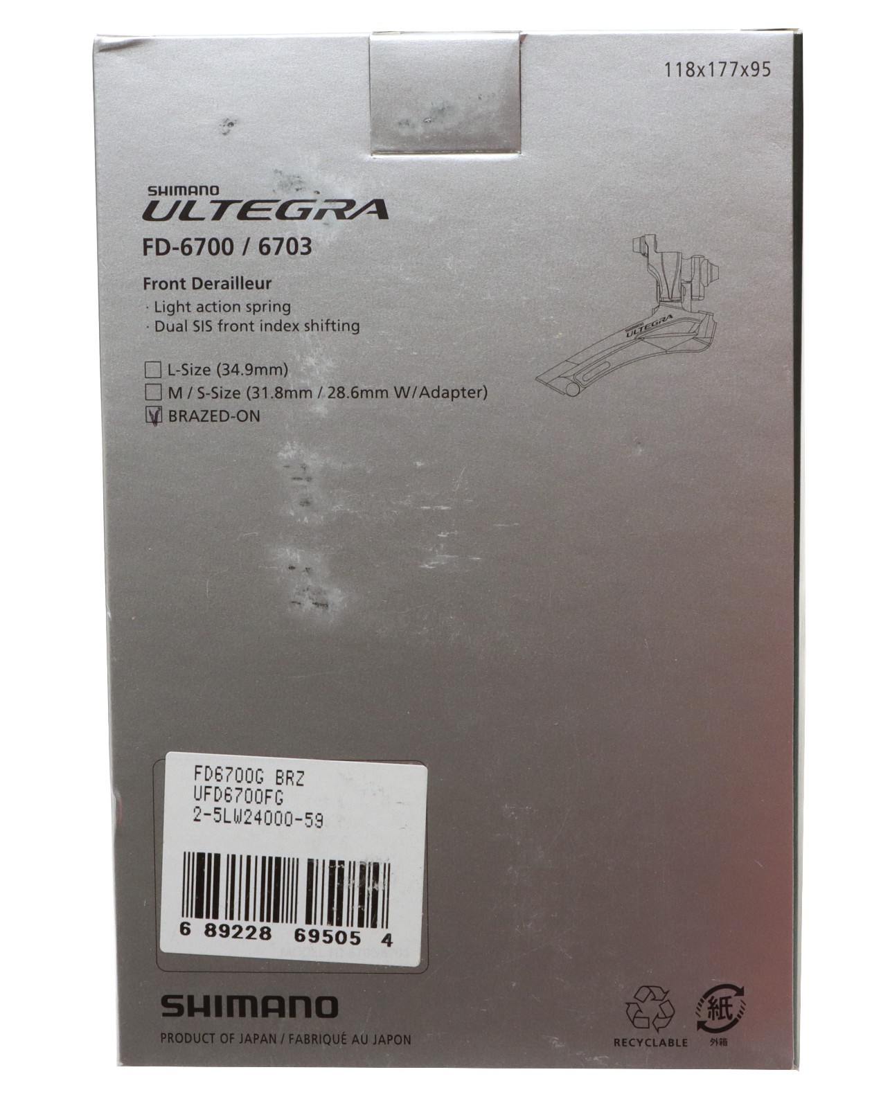 Shimano Ultegra FD-6700G Front Derailleur 2x10s Braze On Gloss Gray NOS