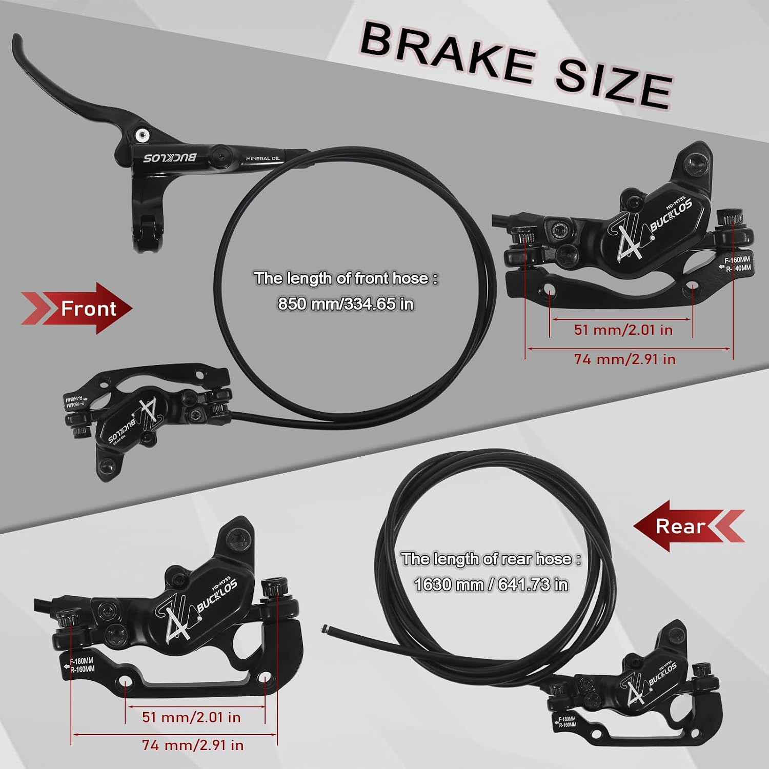 BUCKLOS MTB 4 Pistons Hydraulic Disc Brake Set, Mountain Bike Left Front 850 Mm