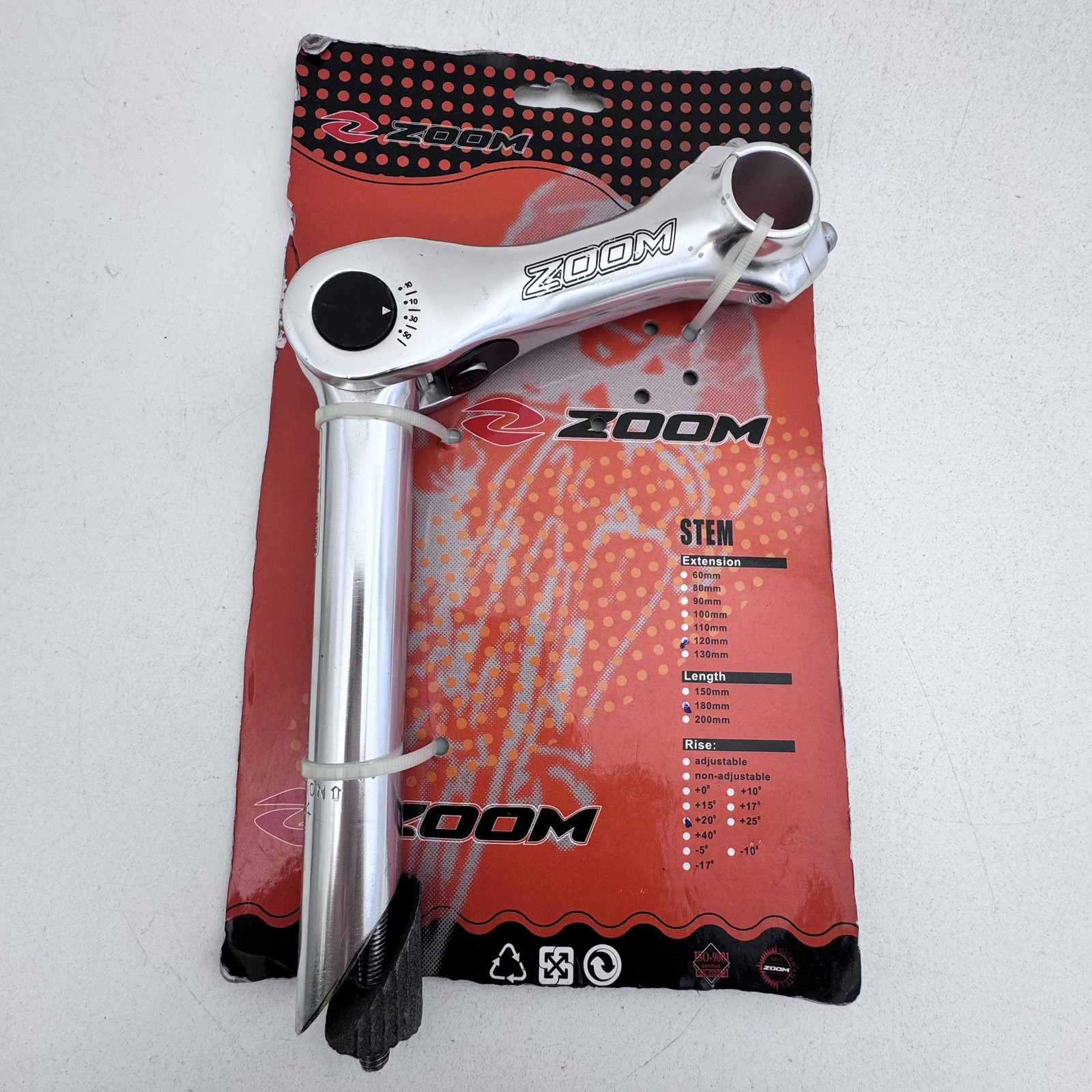 Zoom Quill Stem Adjustable 1 1/8in 25.4 120mm X 180mm +20° Rise Silver Bike A69