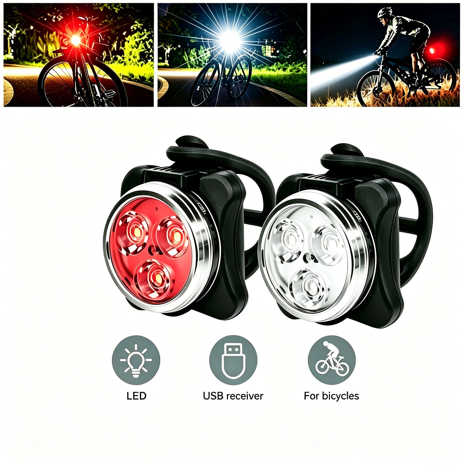 2 Pack USB Rechargeable LED Bicycle Light Set Front Rear Cycling Lamp