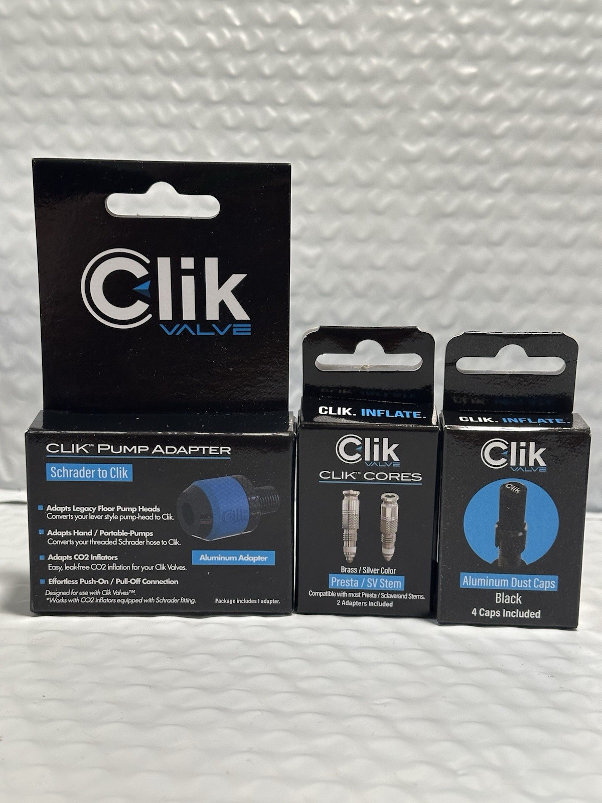 Clik Valve Schrader Pump Head Adapter, Clik Cores And Aluminum Dust Cap Set Of 3