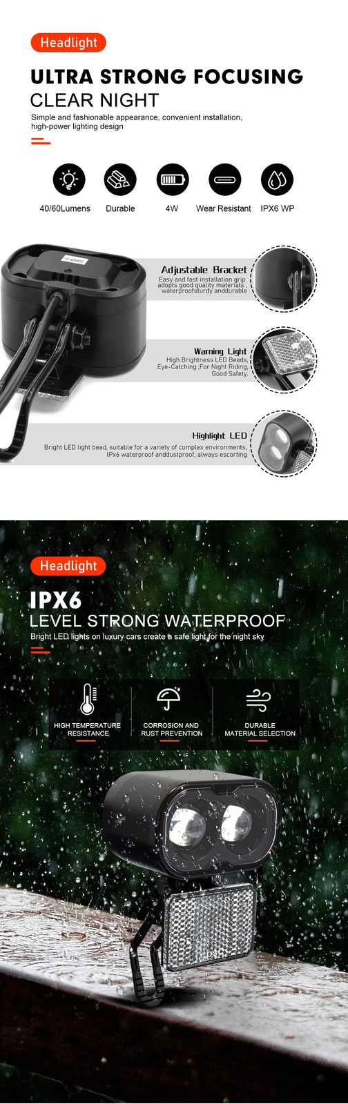 E-bike Front Light 12V/24V/36V/48V SM/Waterproof Plug for Electric Scooter Parts