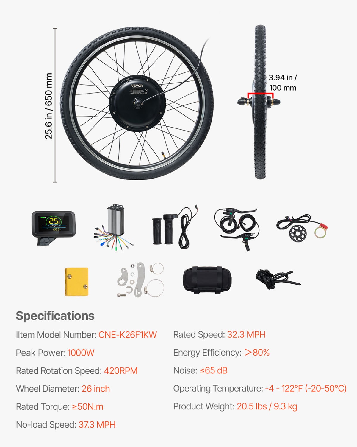 1000W Electric Bike Conversion Kit 48V 420rpm 26″ Front Wheel E-Bike Hub Motor