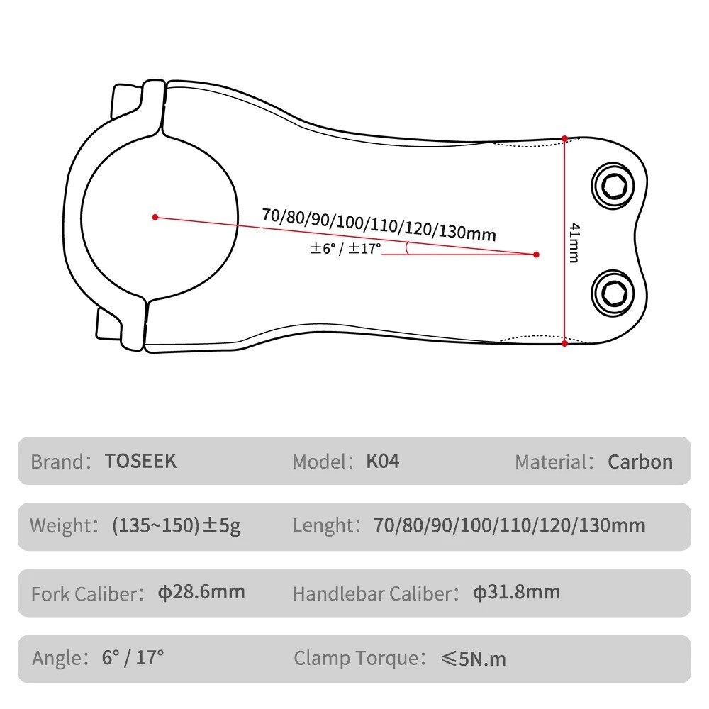 TOSEEK Carbon Stem 6°/17° MTB Mountain Road Bicycle Handlebar Stem 31.8*70-130mm