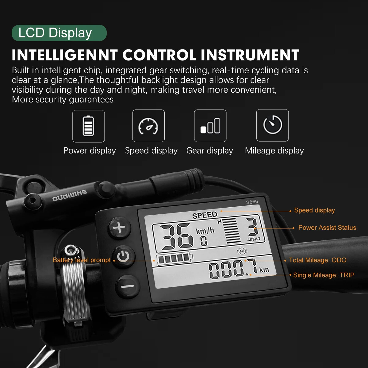 Electric Bicycle JN LCD S866 Display 24V36V48V52V60V with 5pin SM/WP Plug