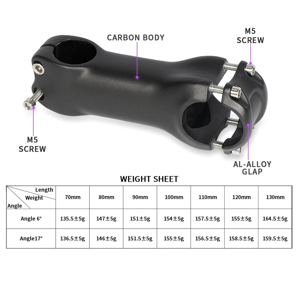 Angle 6/17 Degree Carbon Fiber Road /Mountain Bicycle Stem Black Matte 60-120mm