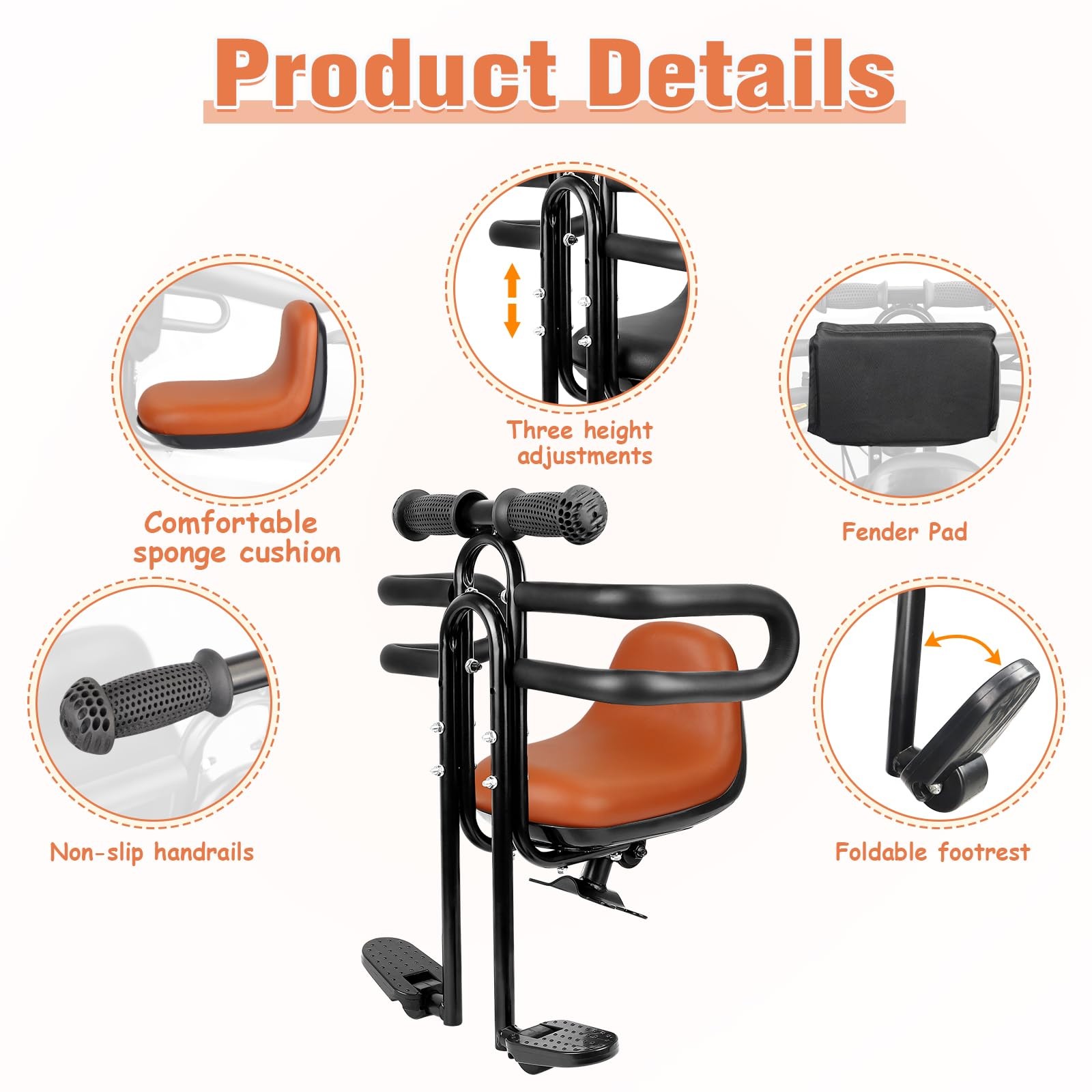 Child Bike Seat Front Mount with Guardrail Retractable Baby Bike Seat Toddler fo