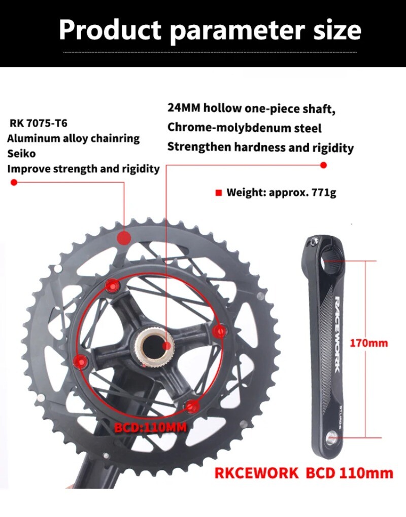 Road Bike Crankset 170MM Hollowtech Crank Arms with Double Round Chainrings BB