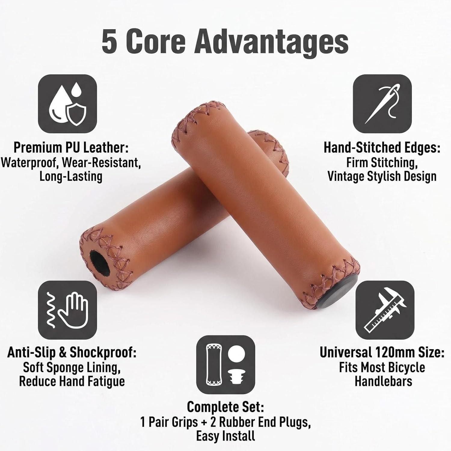 2Pcs 12Cm/4.7 Inch Long Brown PU Leather Bike Handlebar Grips with End Cap Hand-