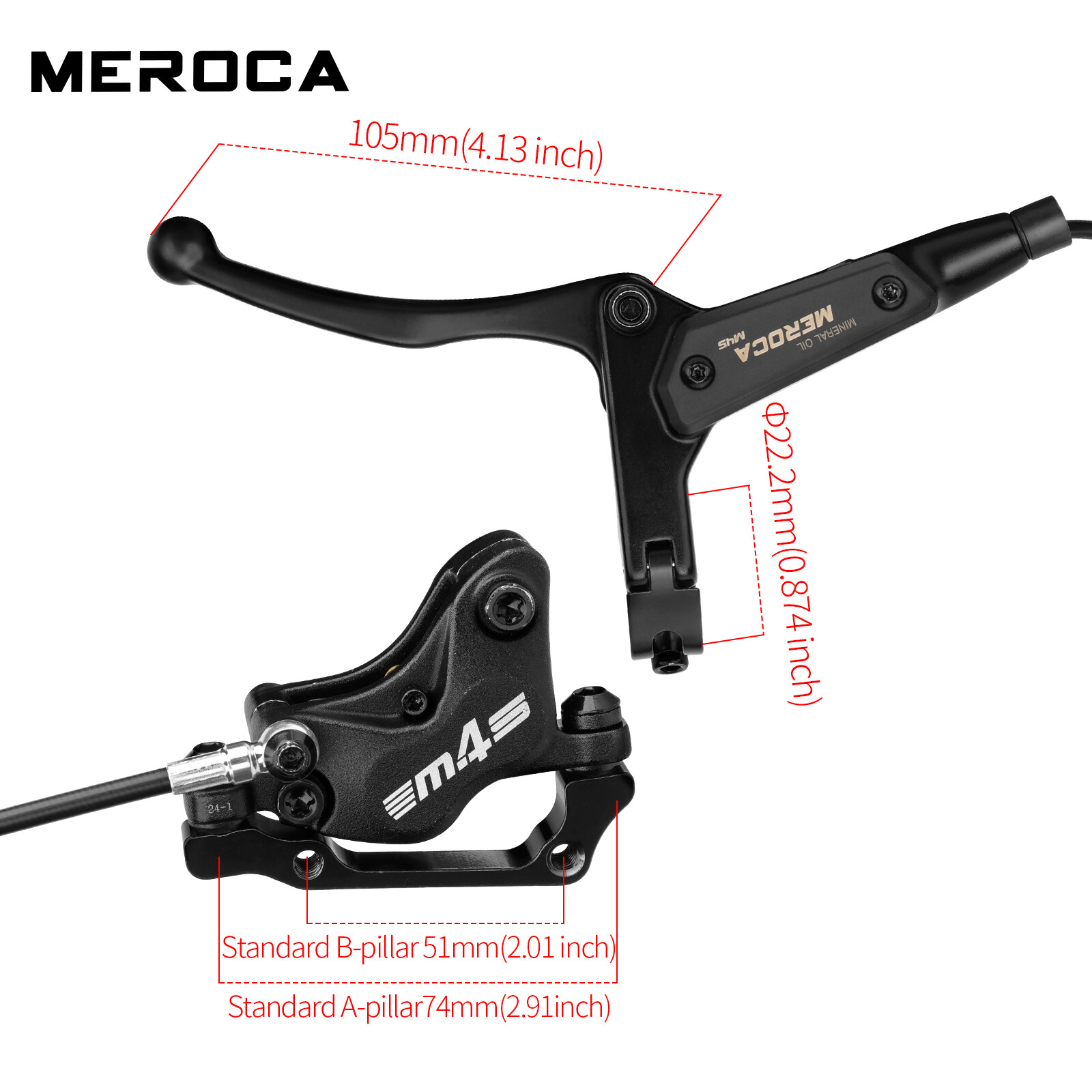 MEROCA E-Bike Hydraulic Disc Brake Set 4-Piston Front/Rear 950/1850mm with Rotor