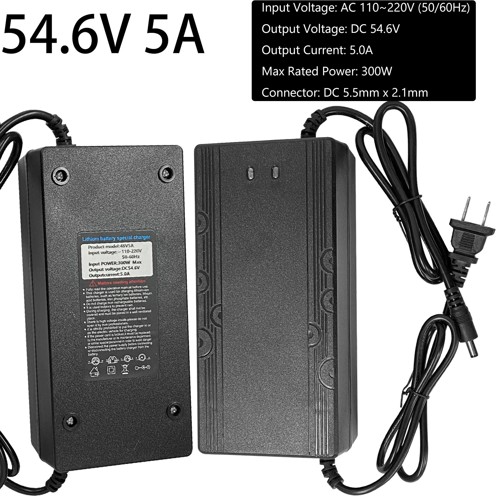 54.6V 5A Smart Charger DC 5.5×2.1mm Plug for 48V Electric Bicycle Li-ion Battery