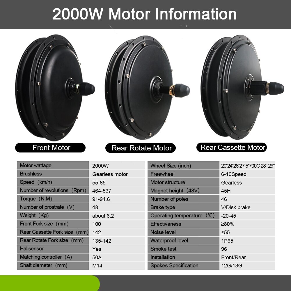 48V 1000W 1500W 2000W Ebike Gearless Front Rear Rotate Cassette Drive Hub Motor