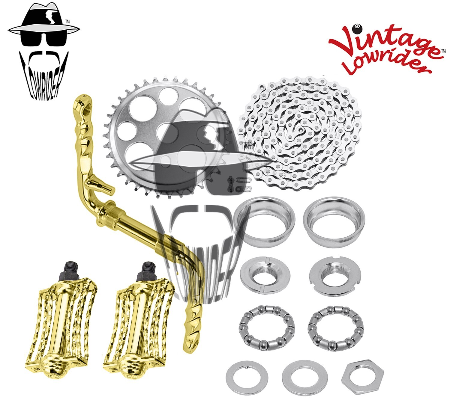Vtg LOWRIDER – Twisted CRANK PKG – Lucky 7 Mini Square Twisted Pedal Gold/Chrome