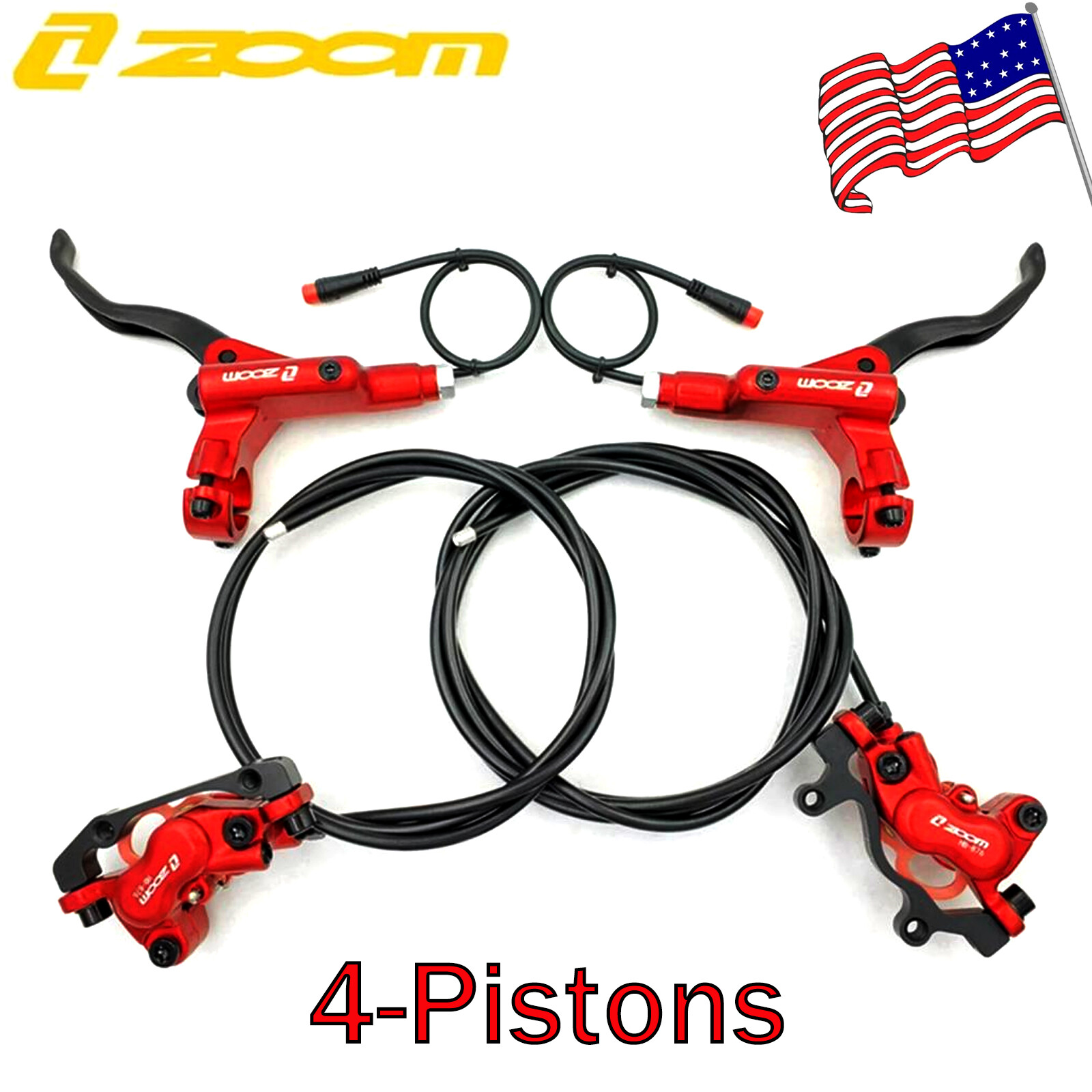 ZOOM HB-876E E-Bike Red Hydraulic Disc Brake 4-Piston Caliper w/Power-Off MTB