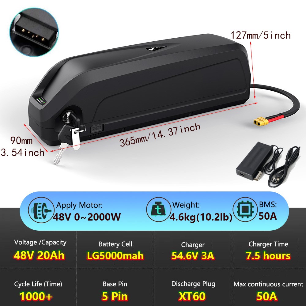 E-bike Lithium battery 48V 52V 60V 20Ah Samsung/LG Cells Down Tube 0~2000W Motor