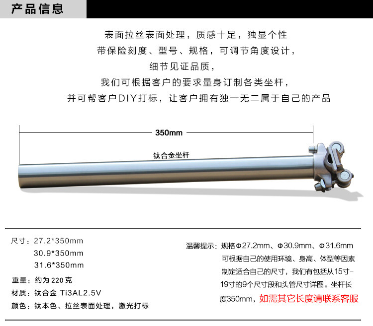 27.2/30.9/31.6 mm MTB Road Bicycle Bike Titanium Seatpost 350/400mm Ti Seat Tube