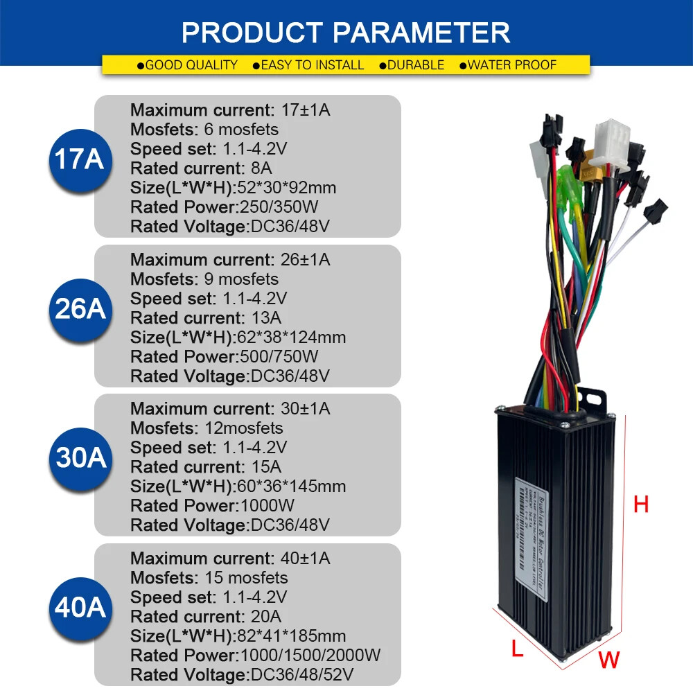 E-bike Sine Wave Controller 36V/48V 17A 26A 30A 40A Three-Mode 250W-1000W Motor