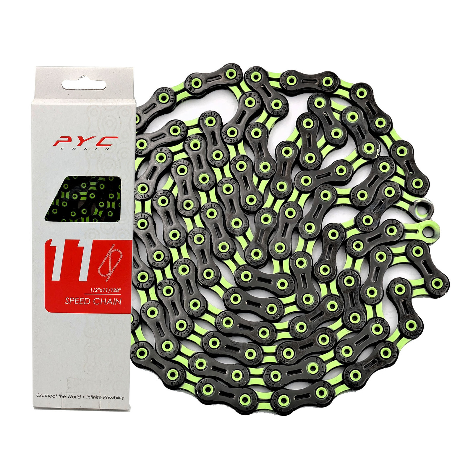PYC DLC 11-Spd Road MTB CX Gravel Hollow Chain 116L, Ultralight, Black/Green