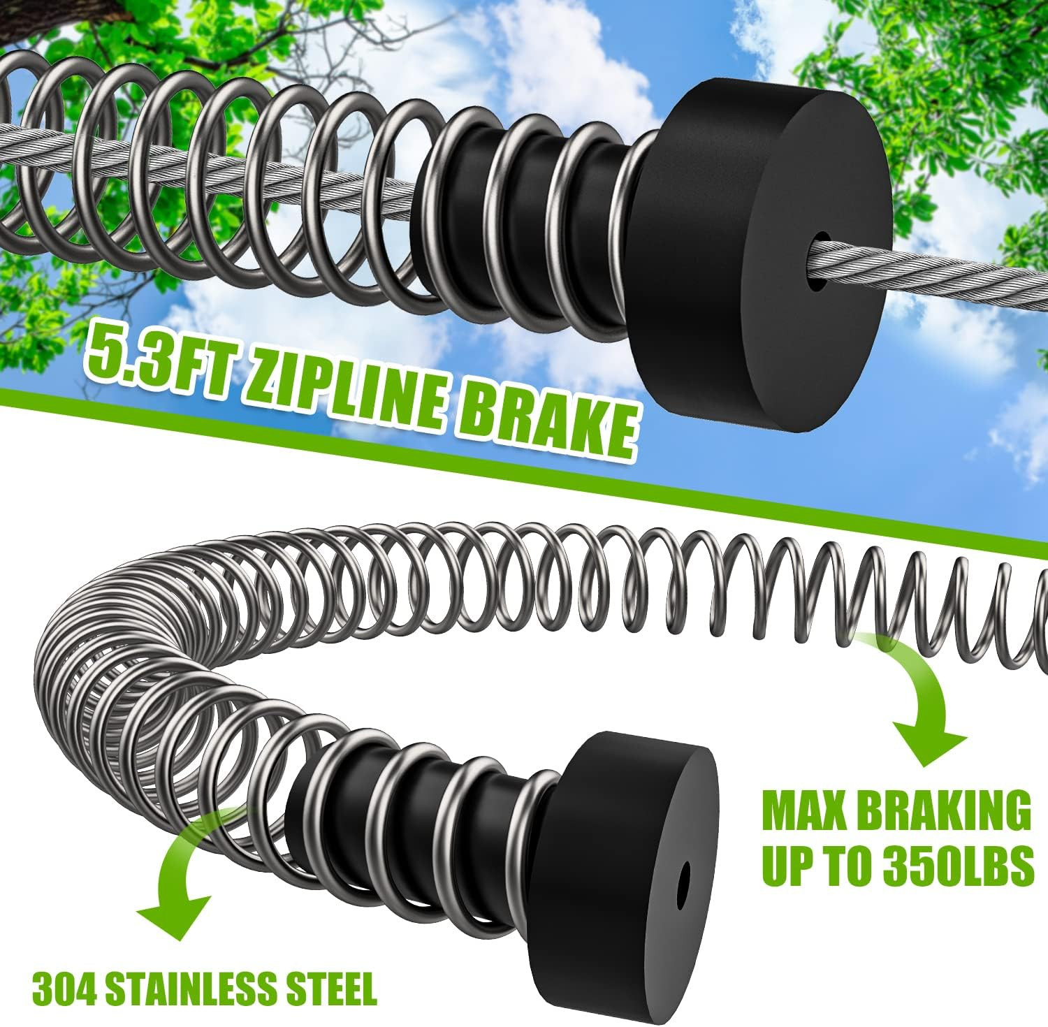 Zipline Spring Brake Extra Long 5.3FT, Kids Backyard Heavy Duty Zip Line
