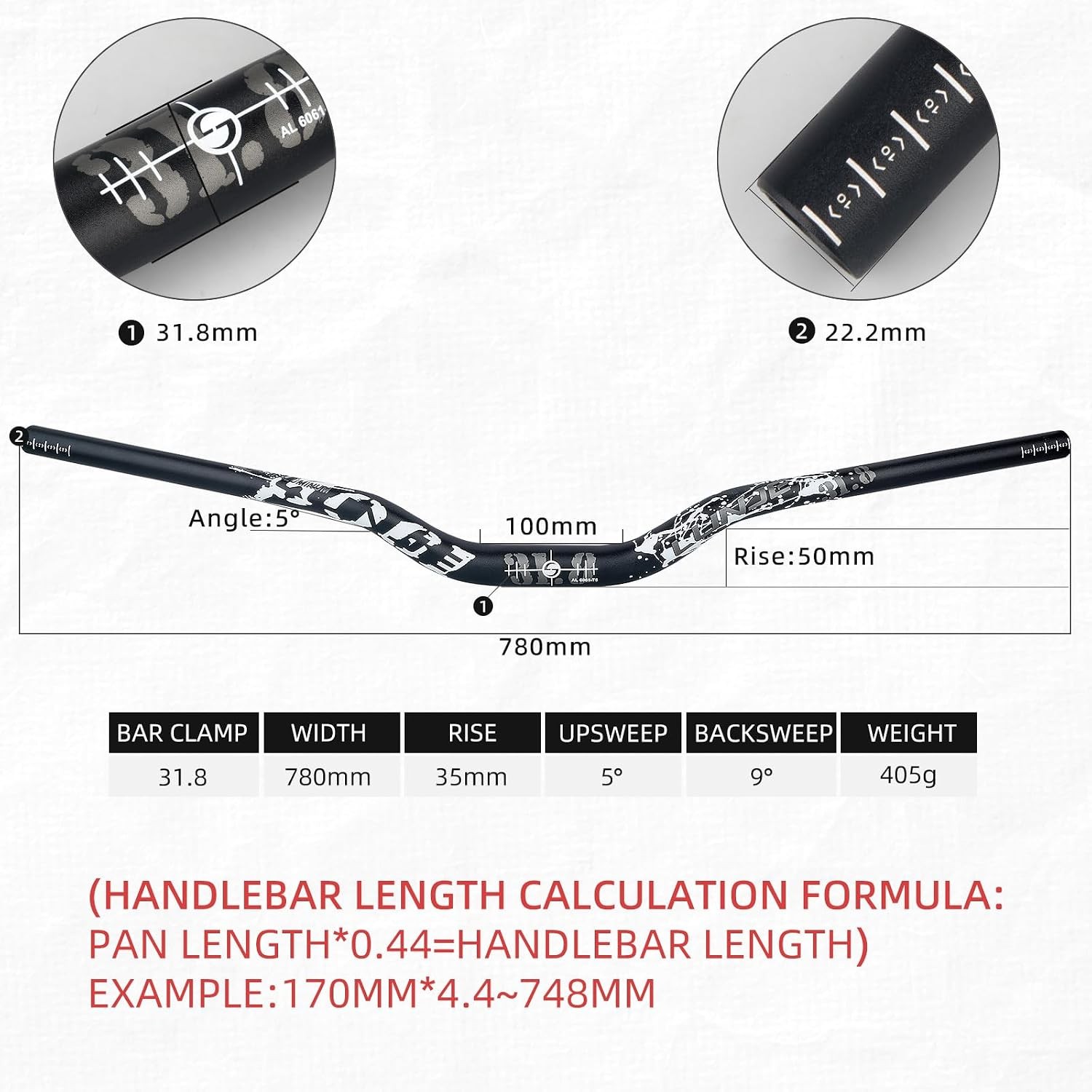 Mountain Bike Handlebar, 31.8mm, 35/50/70/90/120mm Rise Options, 780mm Cutable W