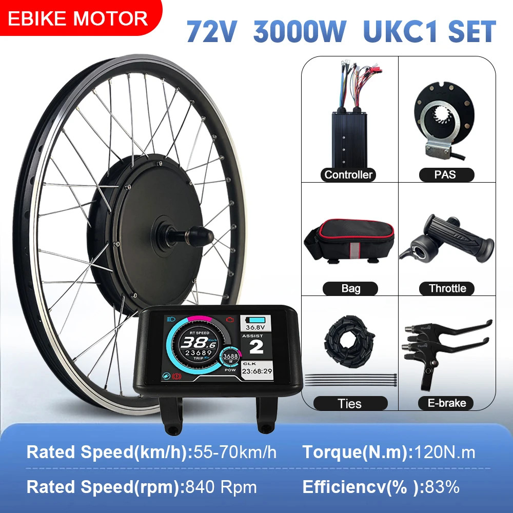 E-bike Conversion Kit 72V 3000W Brushless Rear Wheel Hub Motor Dropout 135mm