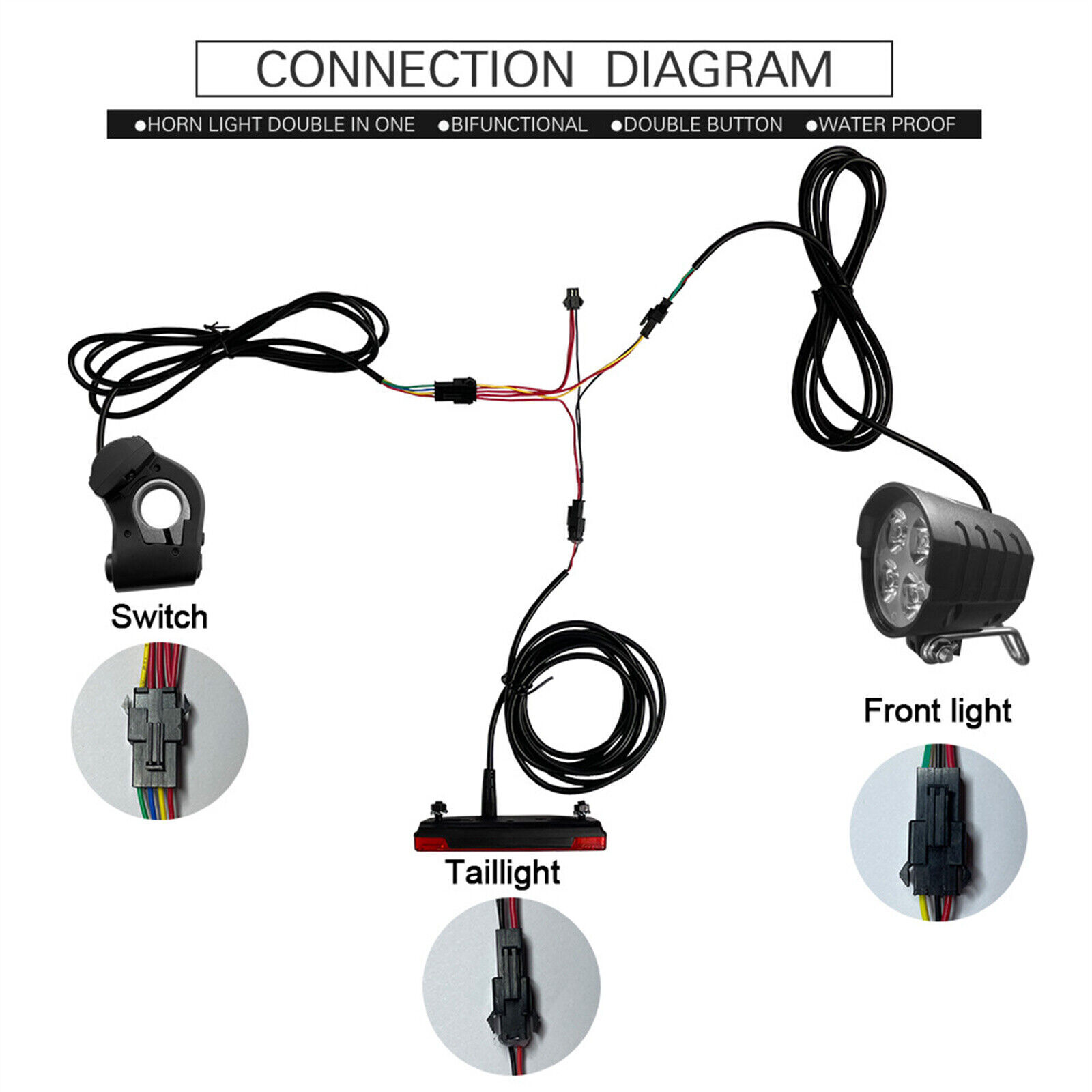 36V/48V/52V/60V 3 in 1 E-Bike Light set Headlight & Tail Light with Horn Switch