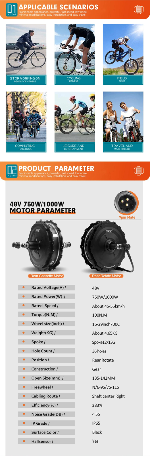 48V 750W 1000W MTB E-bike High Speed Brushless Rear Rotate/Cassette Hub Motor