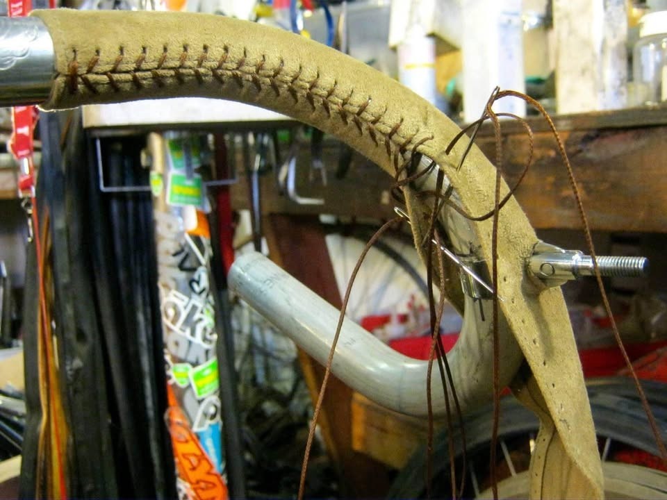 NOS Olive Green Fuji Toshi Leather Stich-Up Handlebar Wrap Kit with Cord • Japan