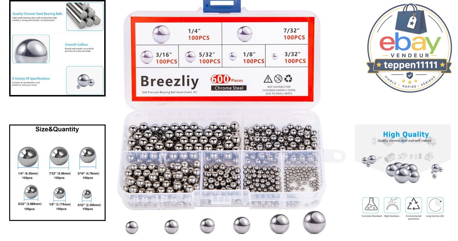 600 Piece Assorted Bicycle Bearing Balls 1/4″ 7/32″ 3/16″ 5/32″ 1/8″ 3/32″