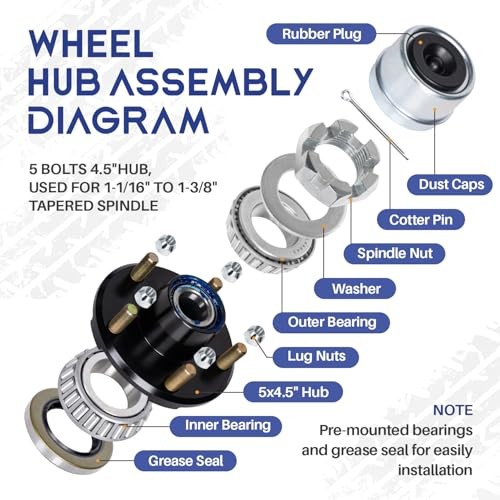 2 Sets Pre-Iubricated Trailer Hub Kits 5 on 4.5» for 3500 lbs Axles 1 BLACK