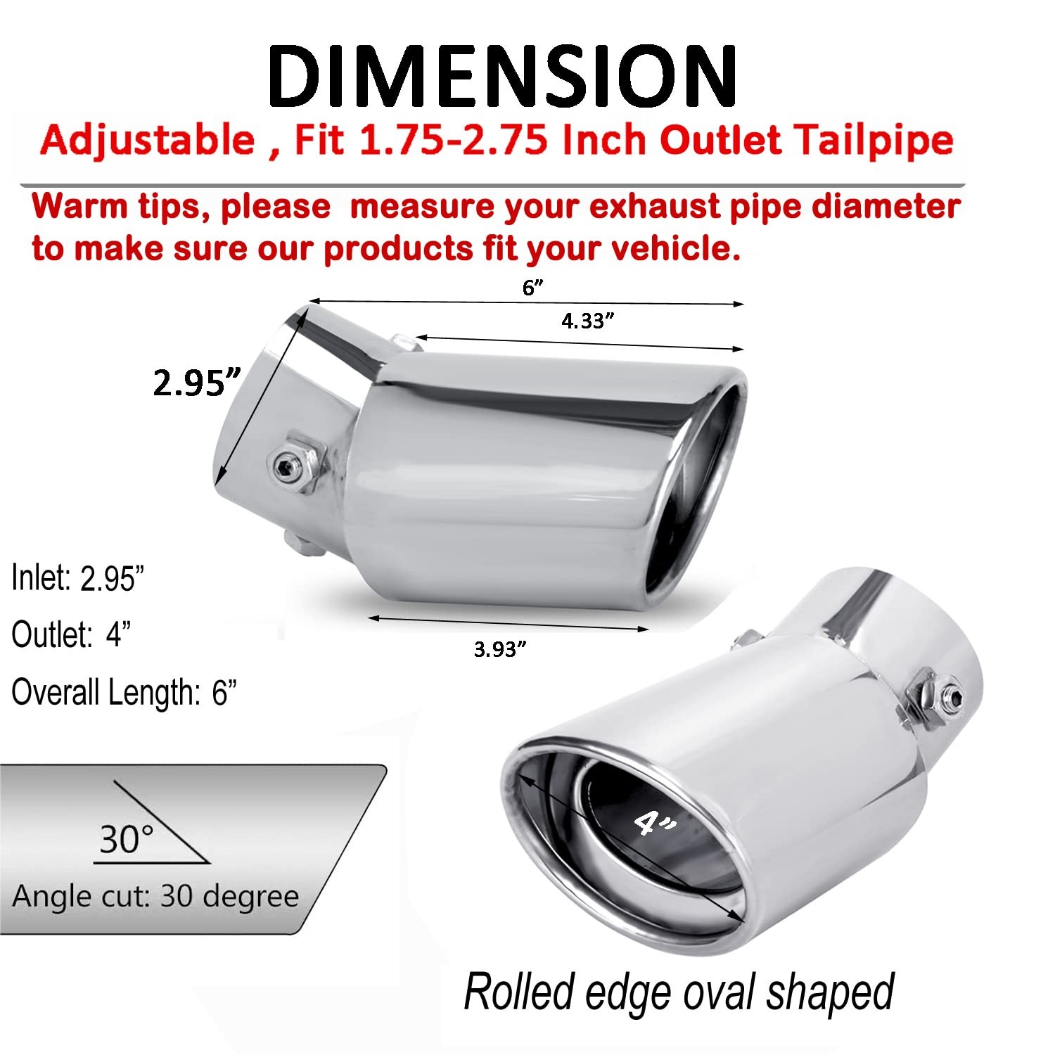 Dsycar Universal 1.75-2.75 inch Curved Exhaust Tips, Straight, Silver