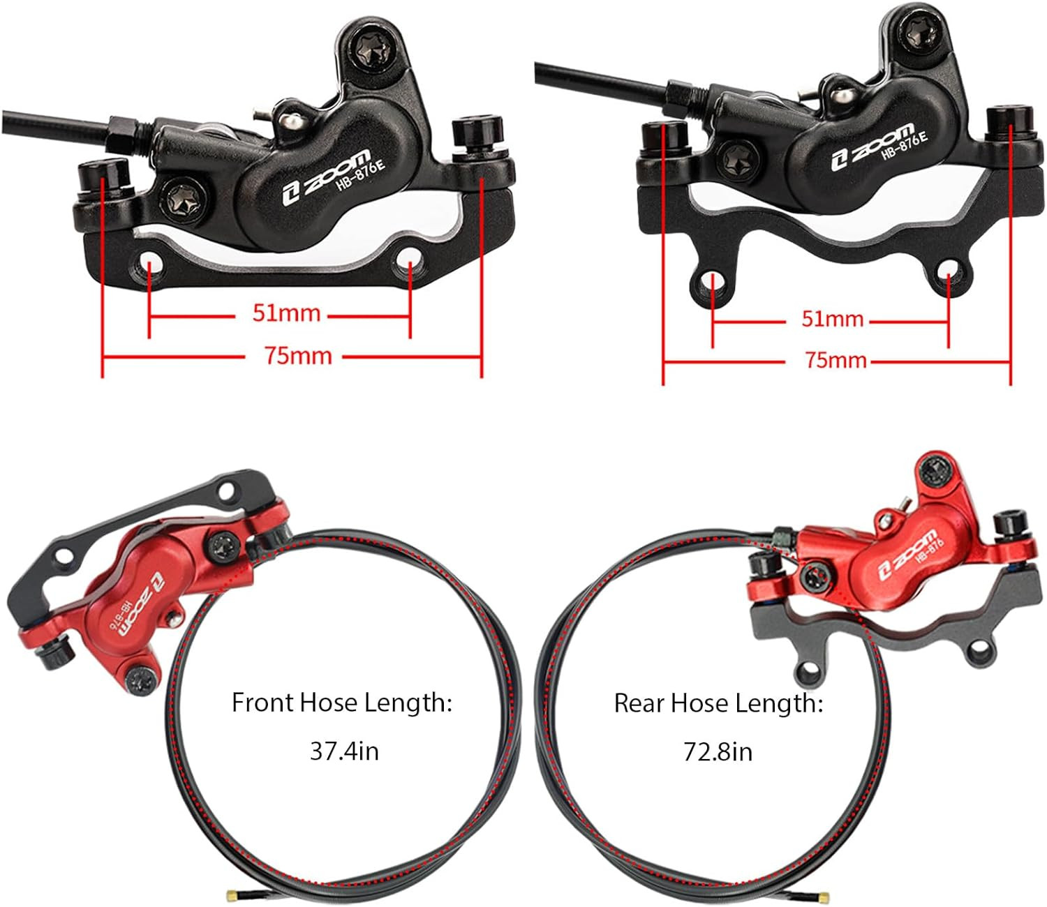 ZOOM HB876E Hydraulic E-Bike Brake Kit with 1 Pair 4-Piston Brake Pads, 2-Pin Po