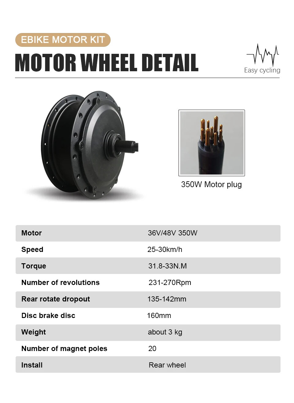 48V 350W Mountain Electric Bike Conversion Kit Rear Brushless Gearless Hub Motor