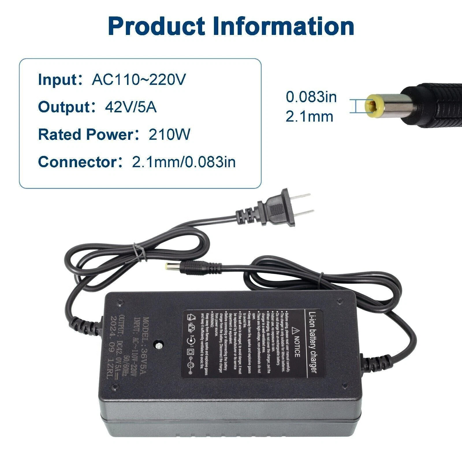 42V 5A Smart Charger DC 5.5×2.1mm Plug for 36V Bicycle Lithium Li-ion Battery