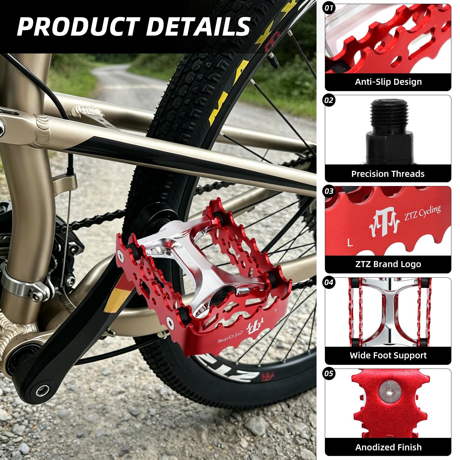 Ztz Mtb Pedals Mountain Bike Pedals 9/16 Sealed Bearingaluminum Antiskid