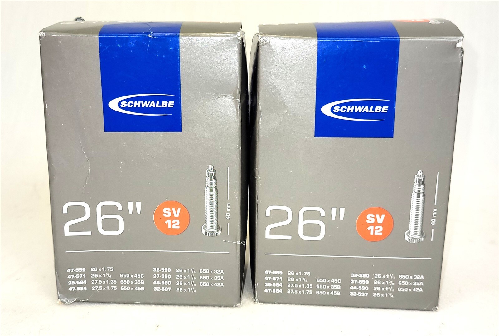 Schwable 26″ SV12 Bicycle Bike Inner Tubes – 2 NEW in Their Boxes ~ T489F