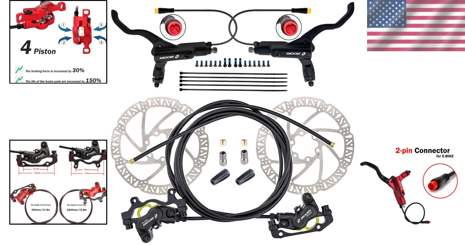 E-Bike Hydraulic Brake Set 4 Piston 180mm Rotors 2/3 Pin Connectors Aluminum