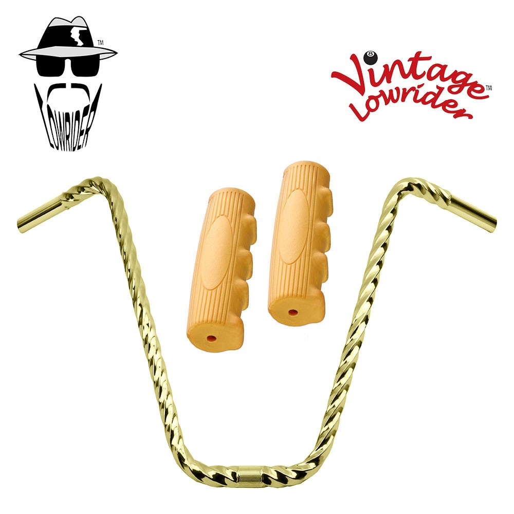 LOWRIDER D Square Twisted 16″ 25.4 Handlebar Gold 0214 Grips Solid/Beige