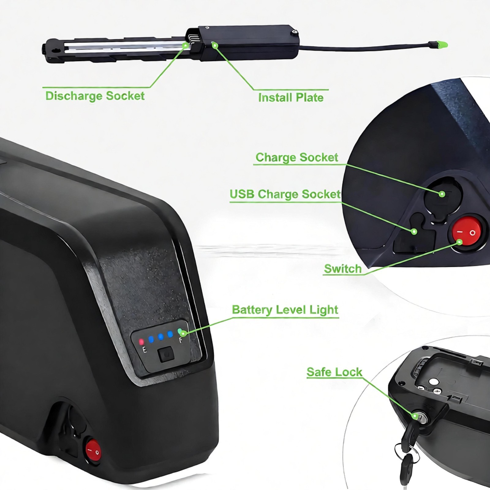 4Pin 52V 36V 48V 10Ah/15Ah/20Ah Ebike Lithium Battery for 200W-2000W Motor 40A