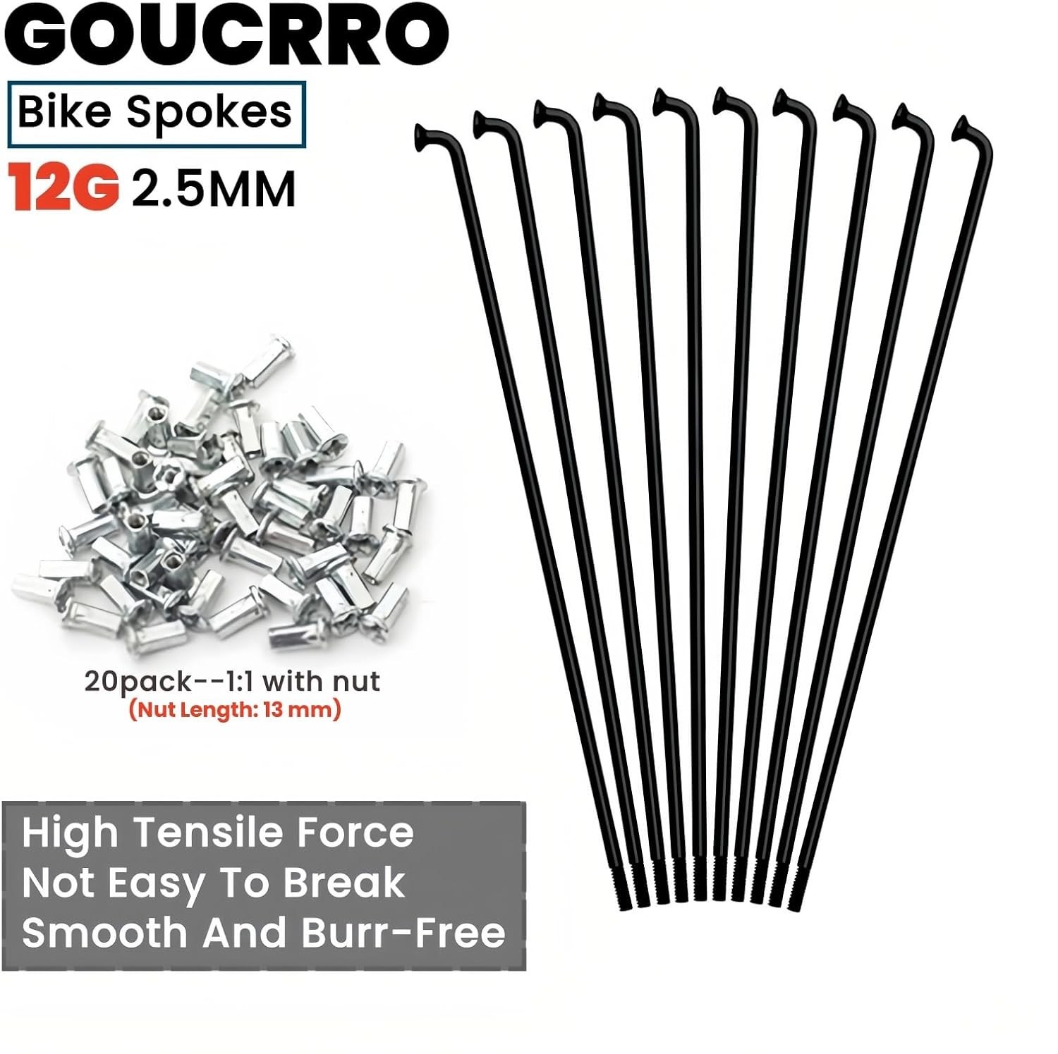 Precision Crafted Bike Spokes 20pcs in Black Steel – 12G, Impact Resistant