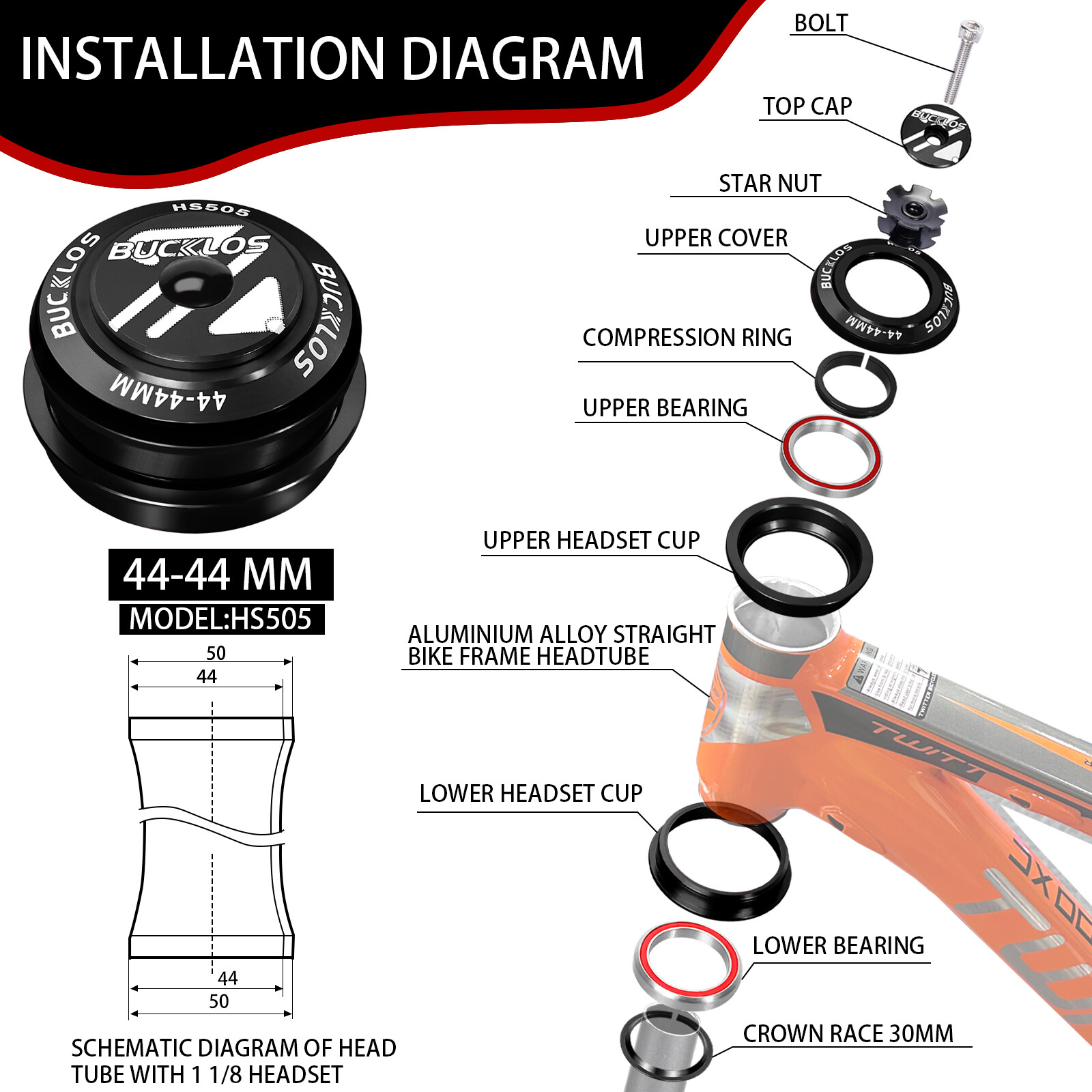 Sealed Bearing Headset 44mm Aluminum MTB BMX Bike for 1-1/8″ Straight Fork Frame