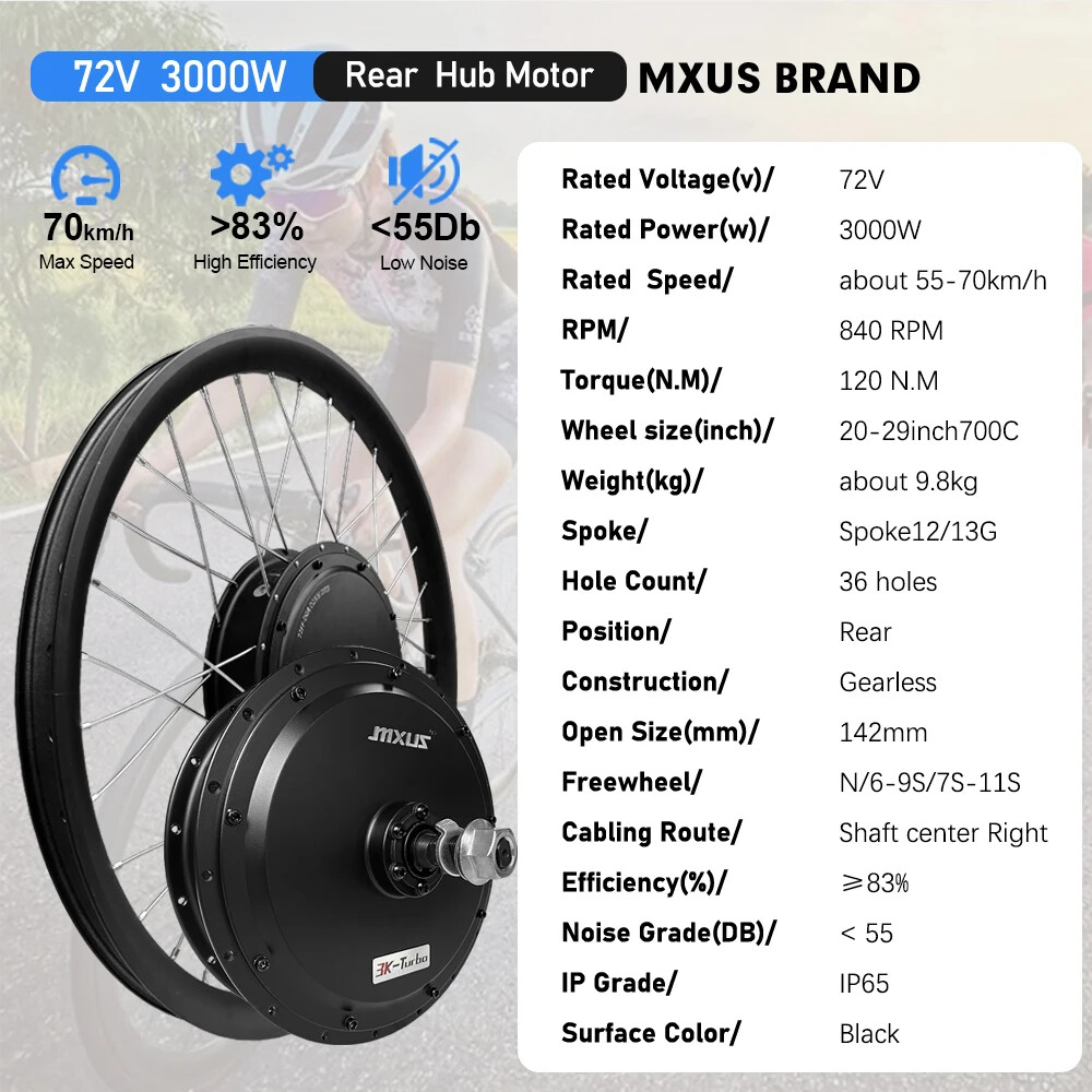 Mountain Electric Bike 72V 3000W Brushless Rear Hub Motor Wheel 20-29Inch 700C
