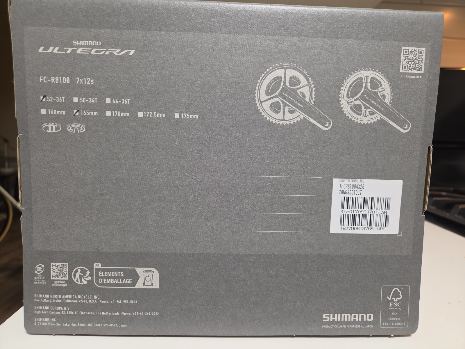 Shimano Ultegra FC-R8100 Crankset 165mm 12-Speed, 52/36T Hollowtech II Spindle