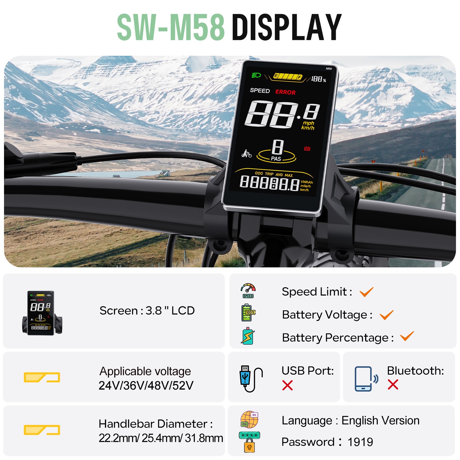 SW2-M58 EBike Display 3.8″ Screen 0-9 PAS for BAFANG Mid Motor UART Protocol US